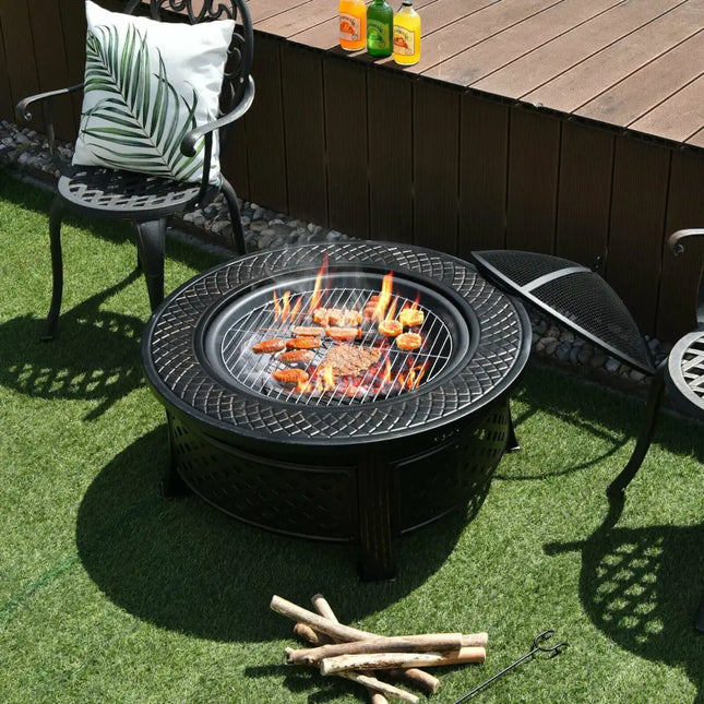 Outdoor Fire Pit with BBQ Grill and High-temp Resistance Finish - Black - Fire Pits