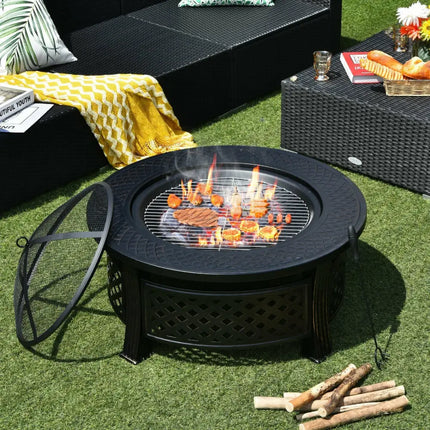 Outdoor Fire Pit with BBQ Grill and High-temp Resistance Finish - Black - Fire Pits