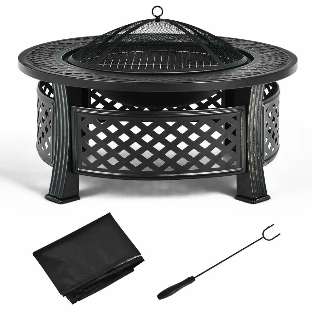 Outdoor Fire Pit with BBQ Grill and High-temp Resistance Finish - Black - Fire Pits