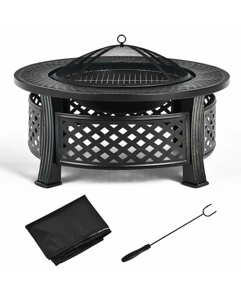 Outdoor Fire Pit with BBQ Grill and High-temp Resistance Finish - Black - Fire Pits