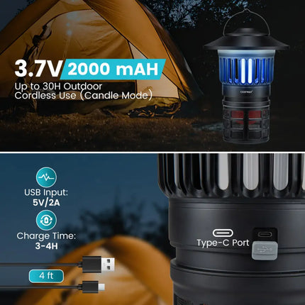 Outdoor Fly Trap with Light Rechargeable Electric Bug Catcher and Killer - Black - Camping