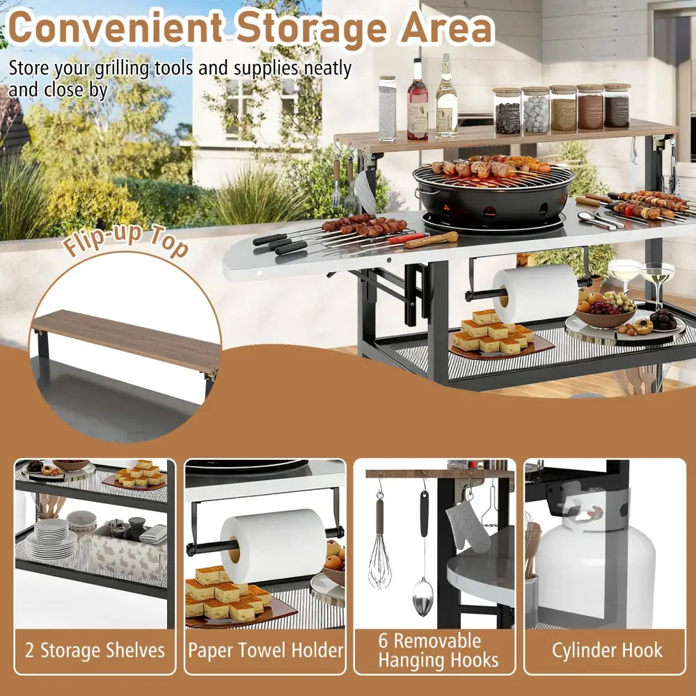 Outdoor Foldable Grill Table with Flip-Up Top and 2 Storage Shelves for Backyard Garden - Camping Furniture