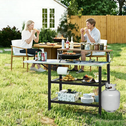 Outdoor Foldable Grill Table with Flip-Up Top and 2 Storage Shelves for Backyard Garden - Camping Furniture
