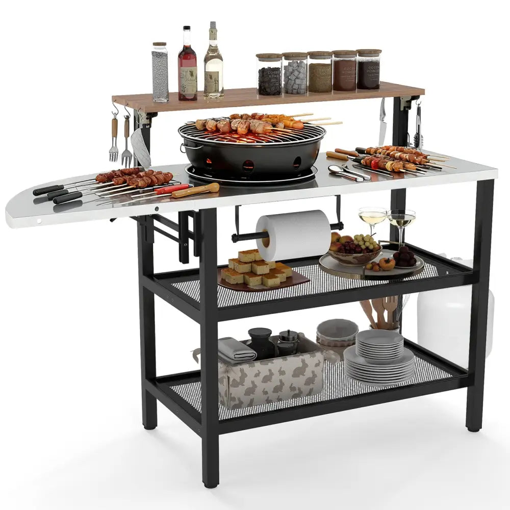 Outdoor Foldable Grill Table with Flip-Up Top and 2 Storage Shelves for Backyard Garden - Camping Furniture