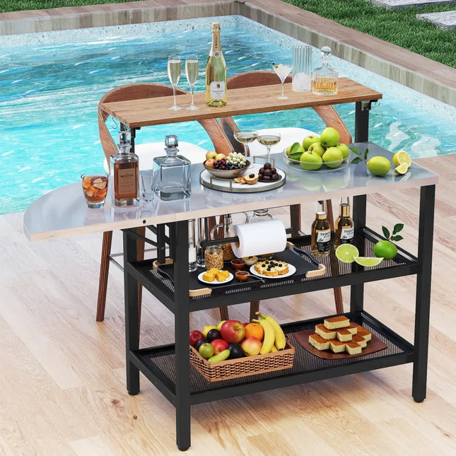 Outdoor Foldable Grill Table with Flip-Up Top and 2 Storage Shelves for Backyard Garden - Camping Furniture