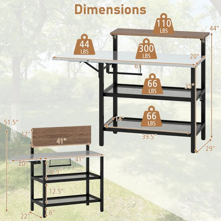 Outdoor Foldable Grill Table with Flip-Up Top and 2 Storage Shelves for Backyard Garden - Camping Furniture