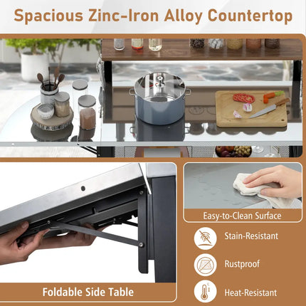 Outdoor Foldable Grill Table with Flip-Up Top and 2 Storage Shelves for Backyard Garden - Camping Furniture