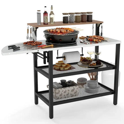 Outdoor Foldable Grill Table with Flip-Up Top and 2 Storage Shelves for Backyard Garden - Camping Furniture