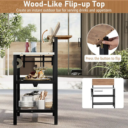 Outdoor Foldable Grill Table with Flip-Up Top and 2 Storage Shelves for Backyard Garden - Camping Furniture