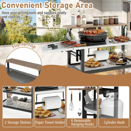 Outdoor Foldable Grill Table with Flip-Up Top and 2 Storage Shelves for Backyard Garden - Camping Furniture