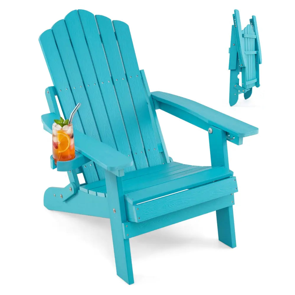 Outdoor Folding Adirondack Chair with Cup Holder and 5-Level Backrest-Turquoise - Turquoise - Adirondack Chairs