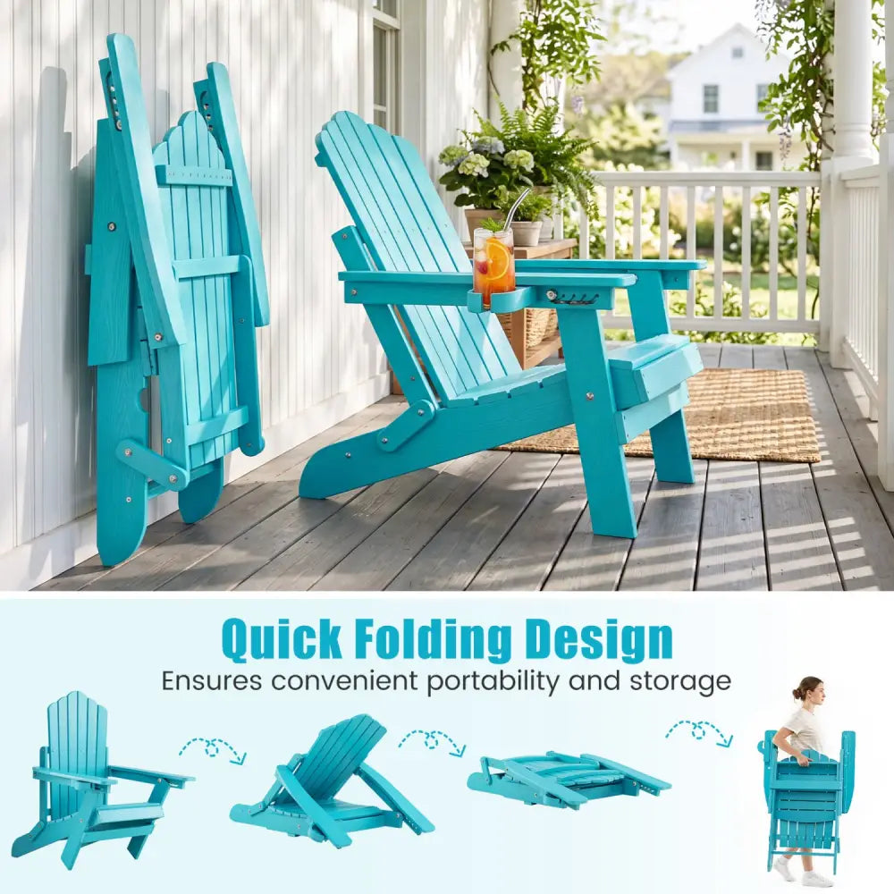 Outdoor Folding Adirondack Chair with Cup Holder and 5-Level Backrest-Turquoise - Turquoise - Adirondack Chairs