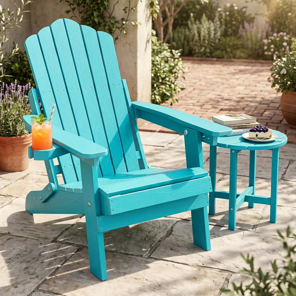 Outdoor Folding Adirondack Chair with Cup Holder and 5-Level Backrest-Turquoise - Turquoise - Adirondack Chairs