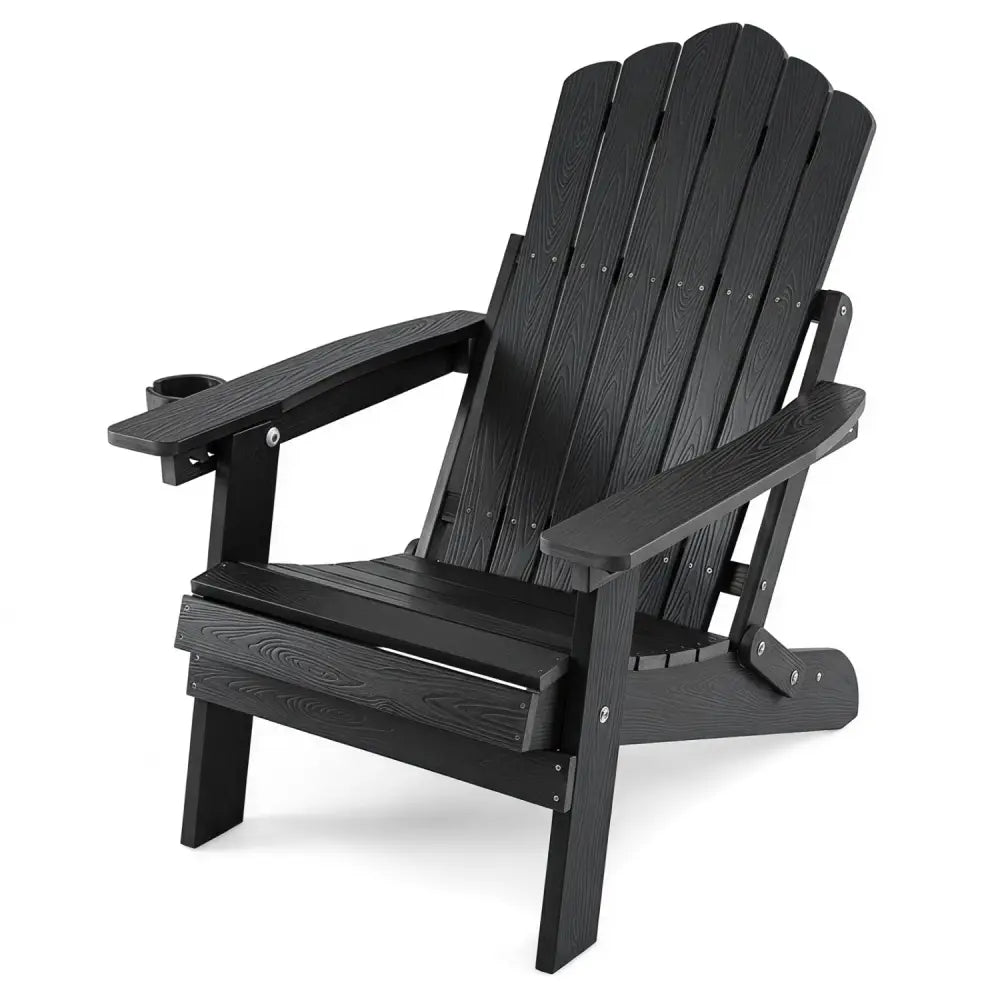 Outdoor Folding Adirondack Chair with Cup Holder and 5-Level Backrest-Black - Black - Adirondack Chairs