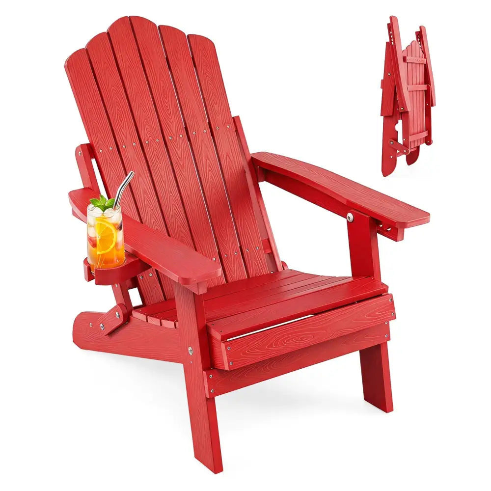 Outdoor Folding Adirondack Chair with Cup Holder and 5-Level Backrest-Red - Red - Adirondack Chairs