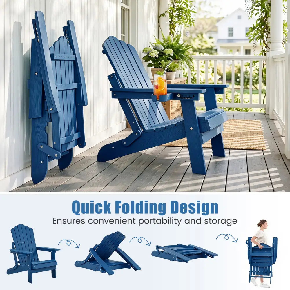 Outdoor Folding Adirondack Chair with Cup Holder and 5-Level Backrest-Navy - Navy - Adirondack Chairs