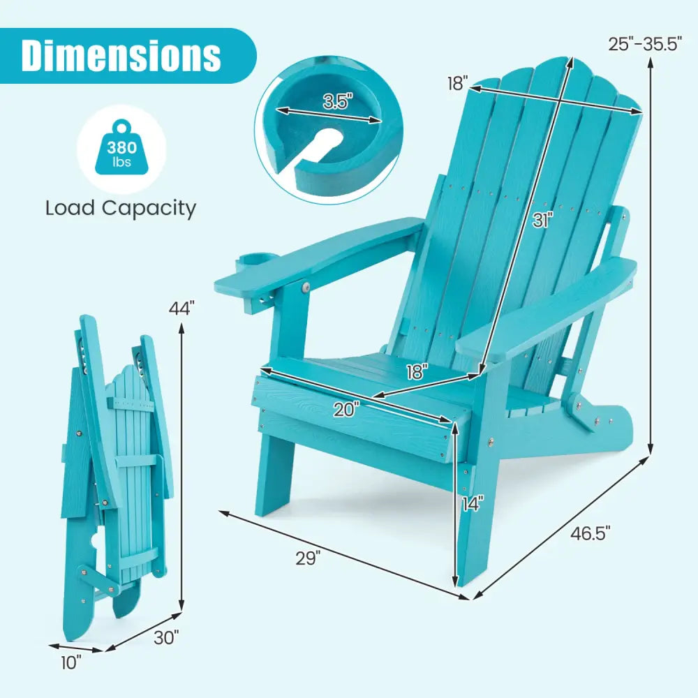 Outdoor Folding Adirondack Chair with Cup Holder and 5-Level Backrest-Turquoise - Turquoise - Adirondack Chairs