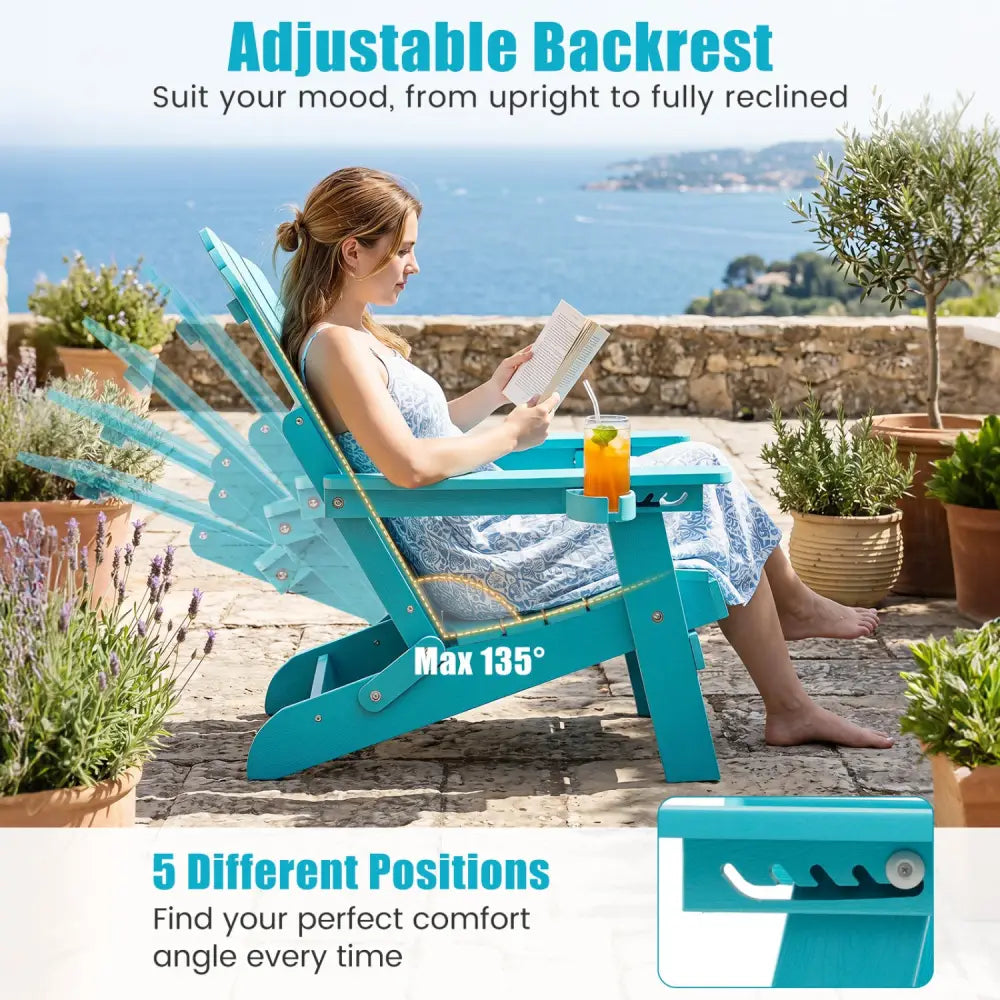 Outdoor Folding Adirondack Chair with Cup Holder and 5-Level Backrest-Turquoise - Turquoise - Adirondack Chairs