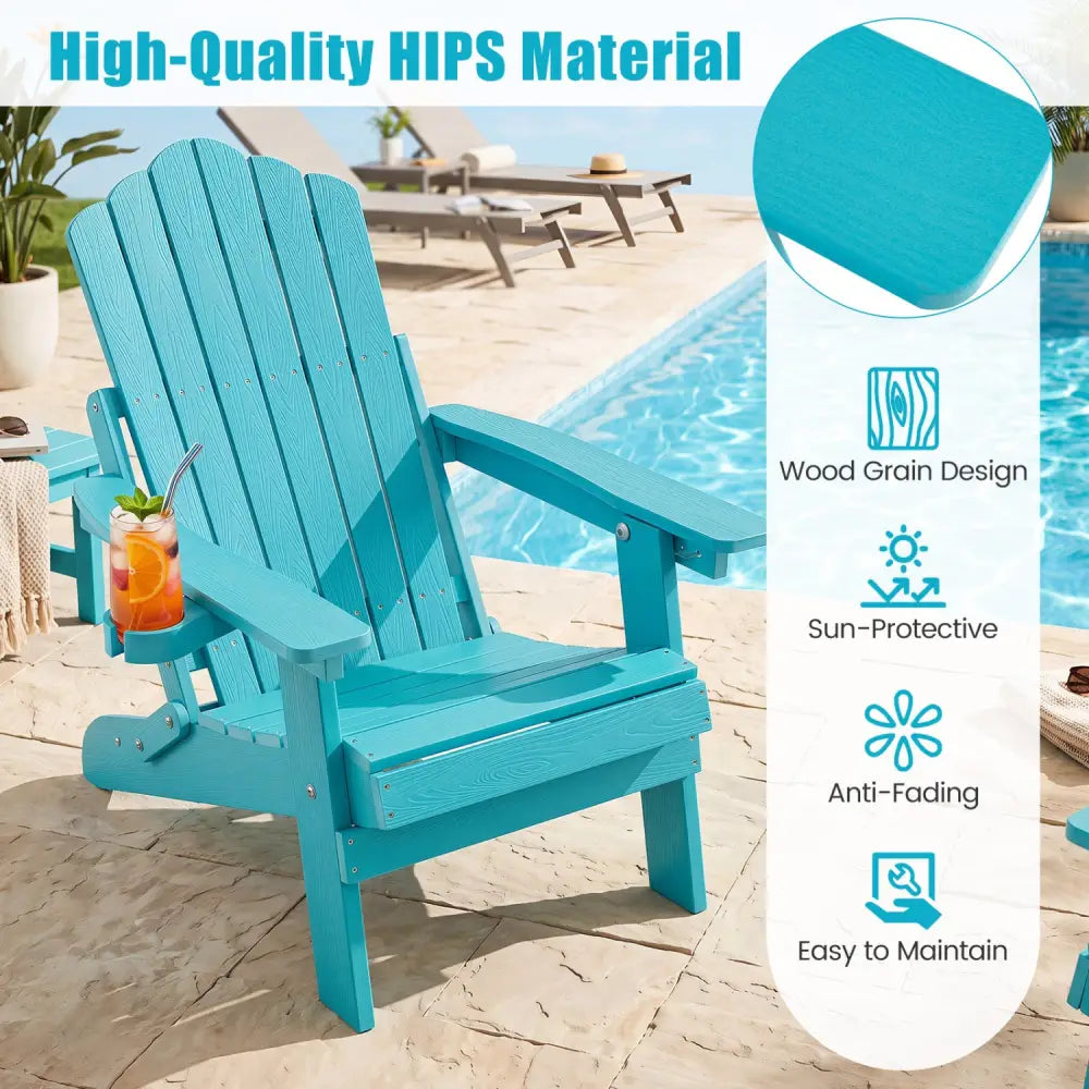 Outdoor Folding Adirondack Chair with Cup Holder and 5-Level Backrest-Turquoise - Turquoise - Adirondack Chairs
