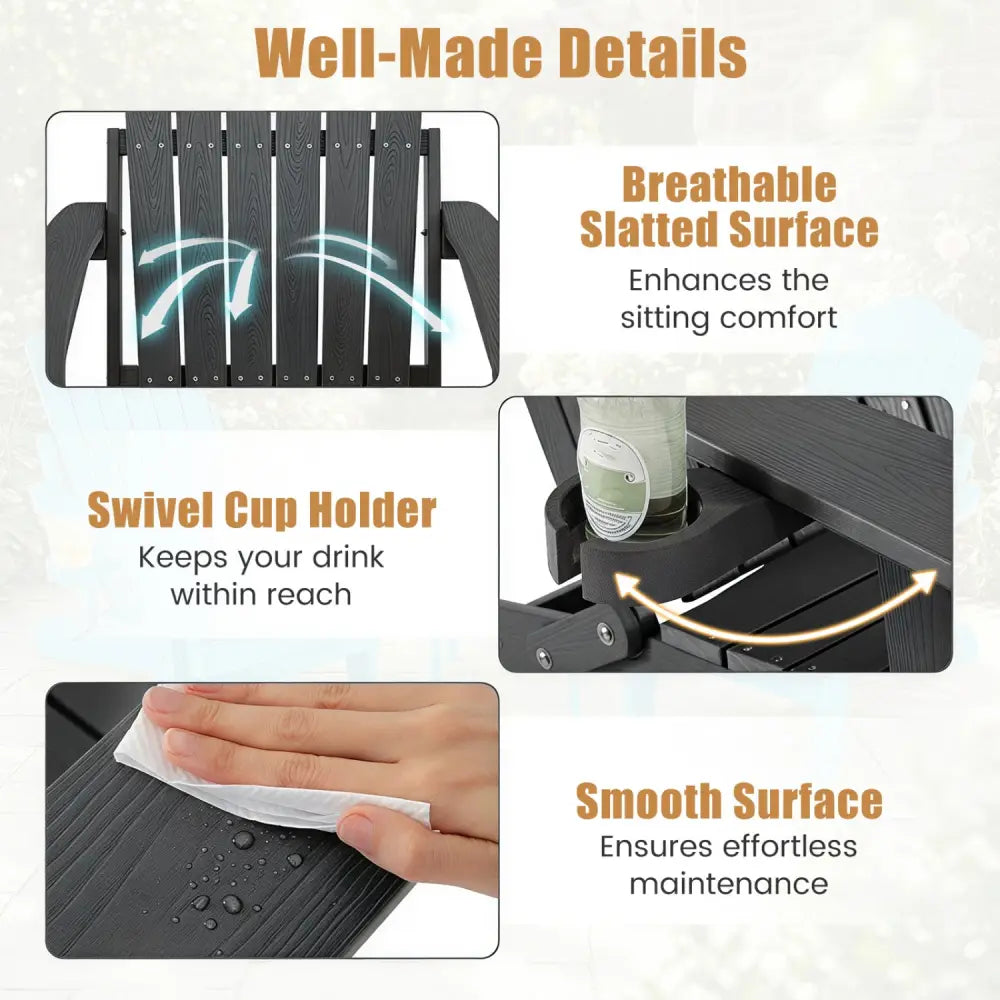 Outdoor Folding Adirondack Chair with Cup Holder and 5-Level Backrest-Black - Black - Adirondack Chairs