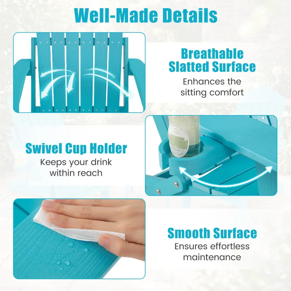 Outdoor Folding Adirondack Chair with Cup Holder and 5-Level Backrest-Turquoise - Turquoise - Adirondack Chairs