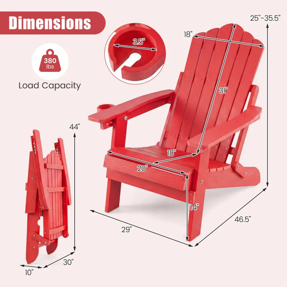 Outdoor Folding Adirondack Chair with Cup Holder and 5-Level Backrest-Red - Red - Adirondack Chairs
