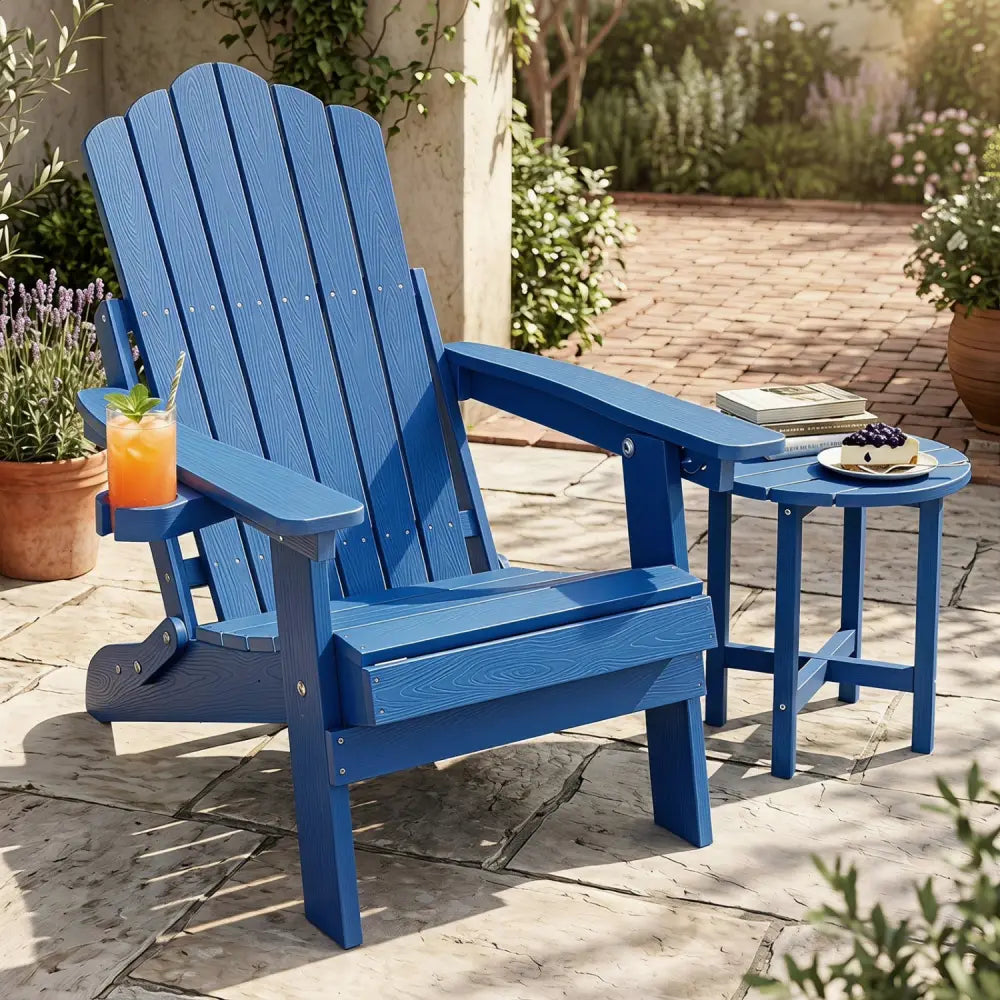 Outdoor Folding Adirondack Chair with Cup Holder and 5-Level Backrest-Navy - Navy - Adirondack Chairs