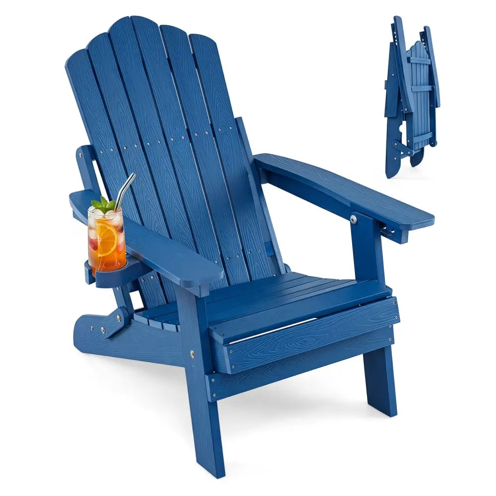 Outdoor Folding Adirondack Chair with Cup Holder and 5-Level Backrest-Navy - Navy - Adirondack Chairs