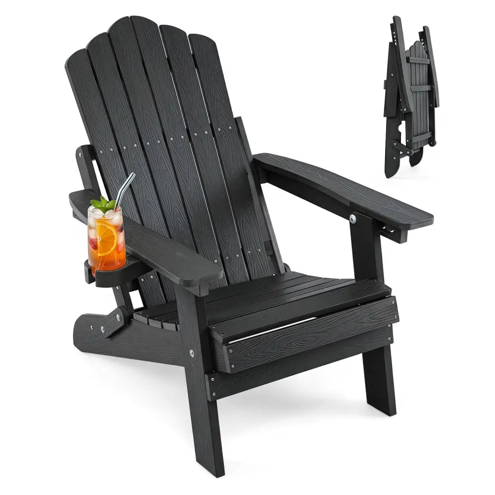 Outdoor Folding Adirondack Chair with Cup Holder and 5-Level Backrest-Black - Black - Adirondack Chairs