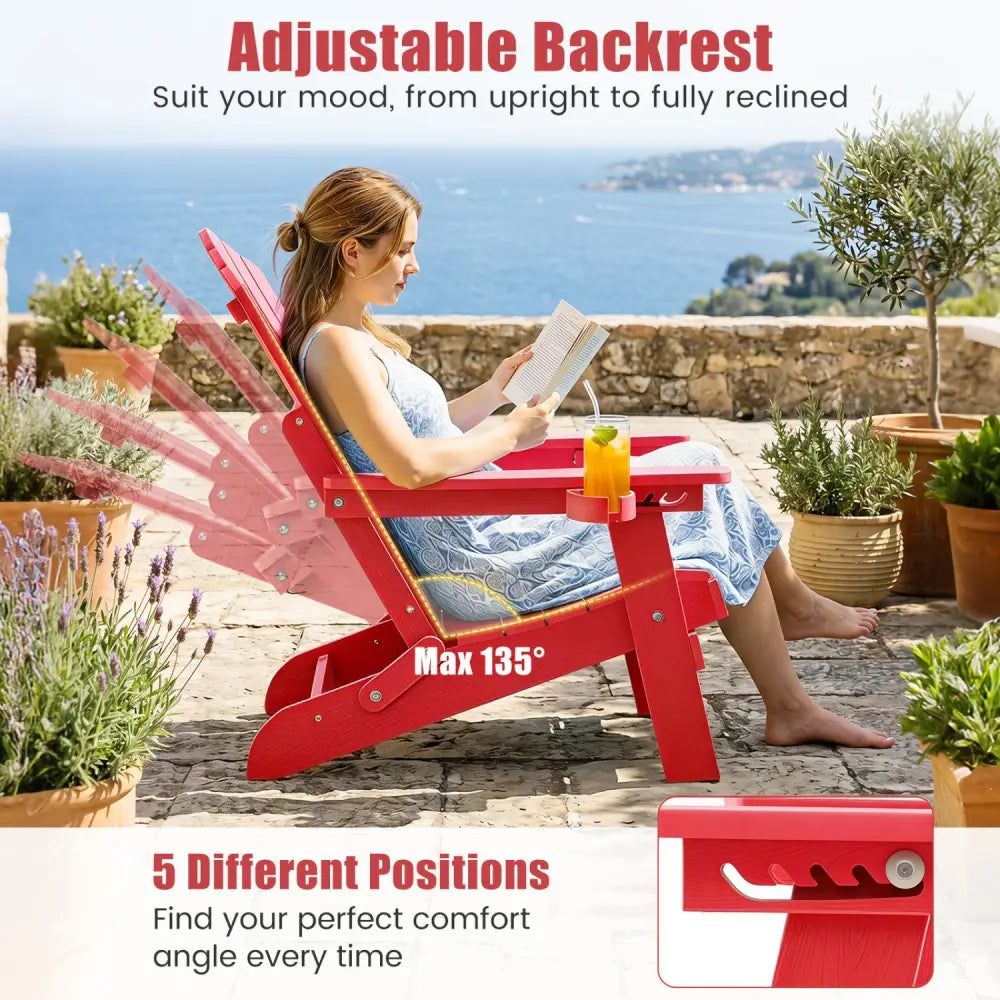 Outdoor Folding Adirondack Chair with Cup Holder and 5-Level Backrest-Red - Red - Adirondack Chairs