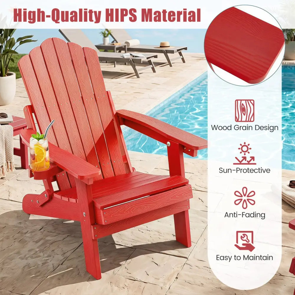 Outdoor Folding Adirondack Chair with Cup Holder and 5-Level Backrest-Red - Red - Adirondack Chairs