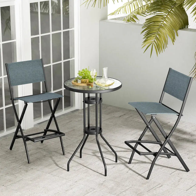 Outdoor Folding Bar Height Stool Set of 4 with Metal Frame and Footrest-Blue - Blue - Patio Bar Furniture