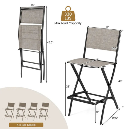 Outdoor Folding Bar Height Stool Set of 4 with Metal Frame and Footrest-Coffee - Coffee - Patio Bar Furniture