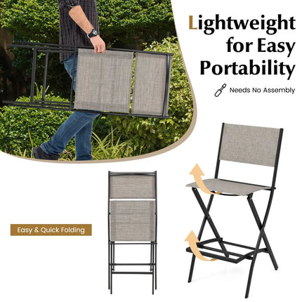 Outdoor Folding Bar Height Stool Set of 4 with Metal Frame and Footrest-Coffee - Coffee - Patio Bar Furniture