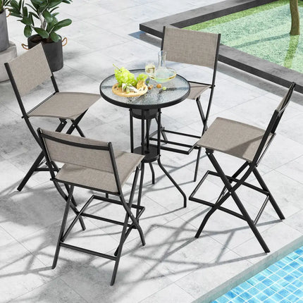 Outdoor Folding Bar Height Stool Set of 4 with Metal Frame and Footrest-Coffee - Coffee - Patio Bar Furniture