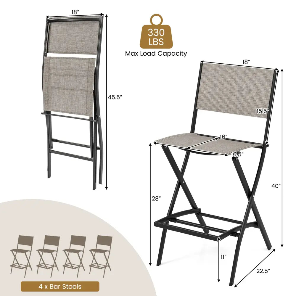 Outdoor Folding Bar Height Stool Set of 4 with Metal Frame and Footrest-Coffee - Coffee - Patio Bar Furniture
