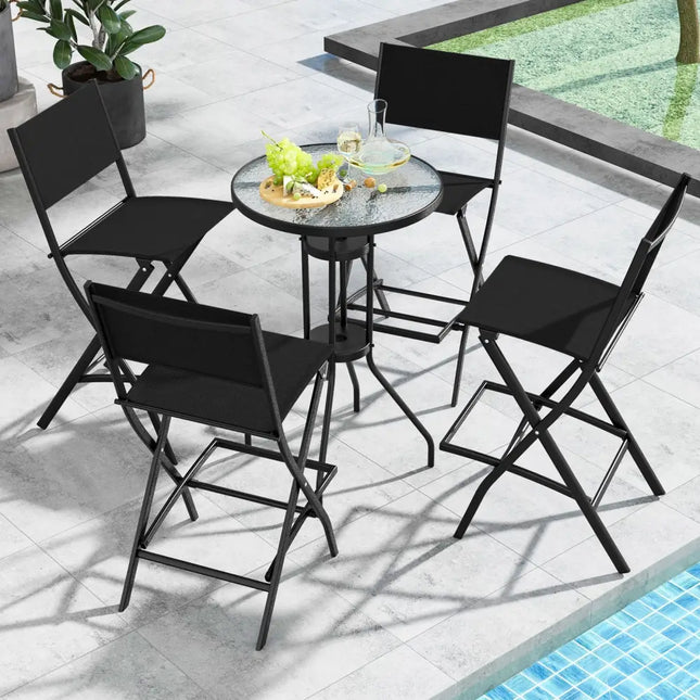 Outdoor Folding Bar Height Stool Set of 4 with Metal Frame and Footrest-Black - Black - Patio Bar Furniture