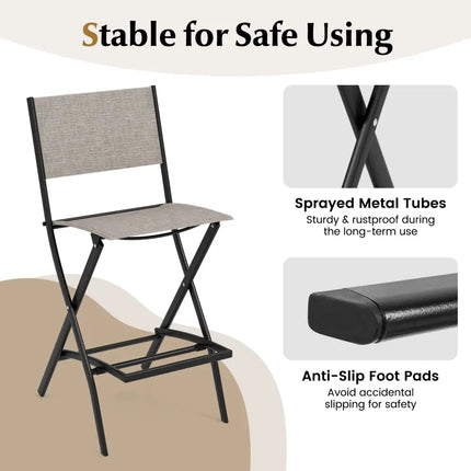 Outdoor Folding Bar Height Stool Set of 4 with Metal Frame and Footrest-Coffee - Coffee - Patio Bar Furniture