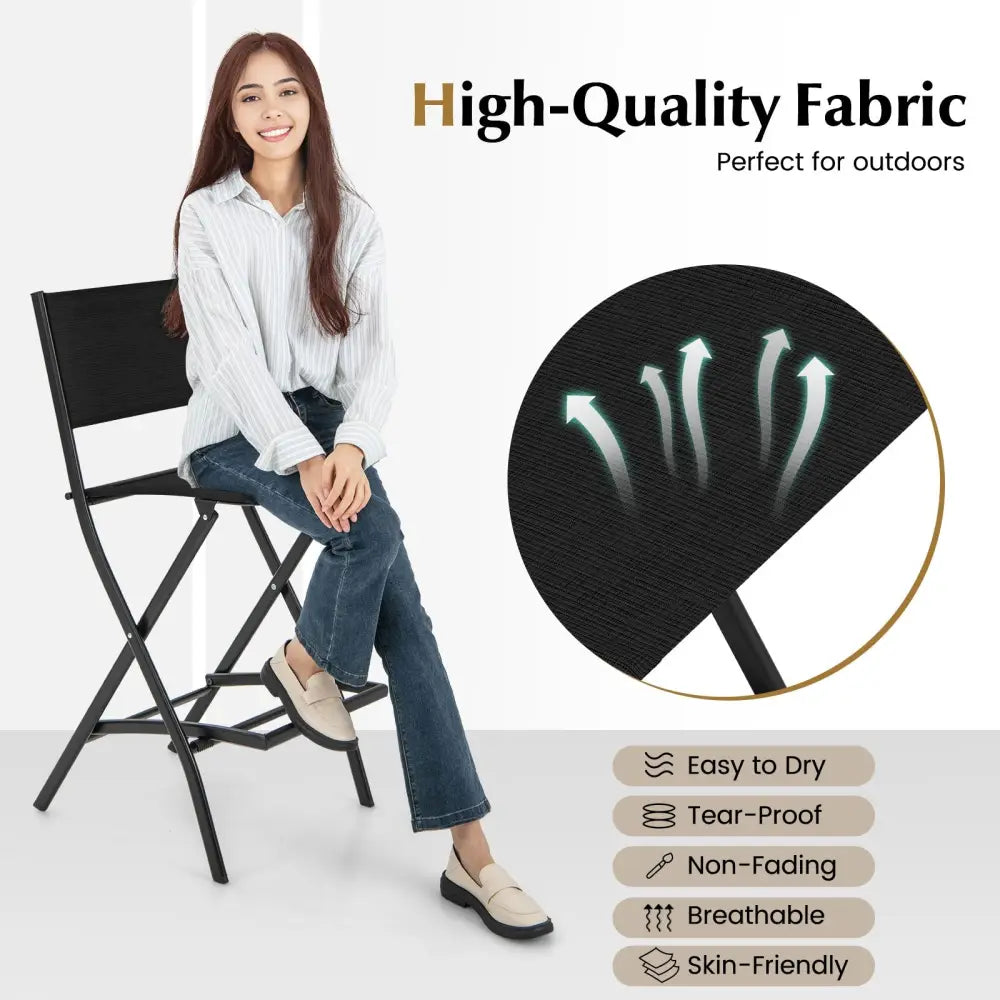 Outdoor Folding Bar Height Stool Set of 4 with Metal Frame and Footrest-Black - Black - Patio Bar Furniture