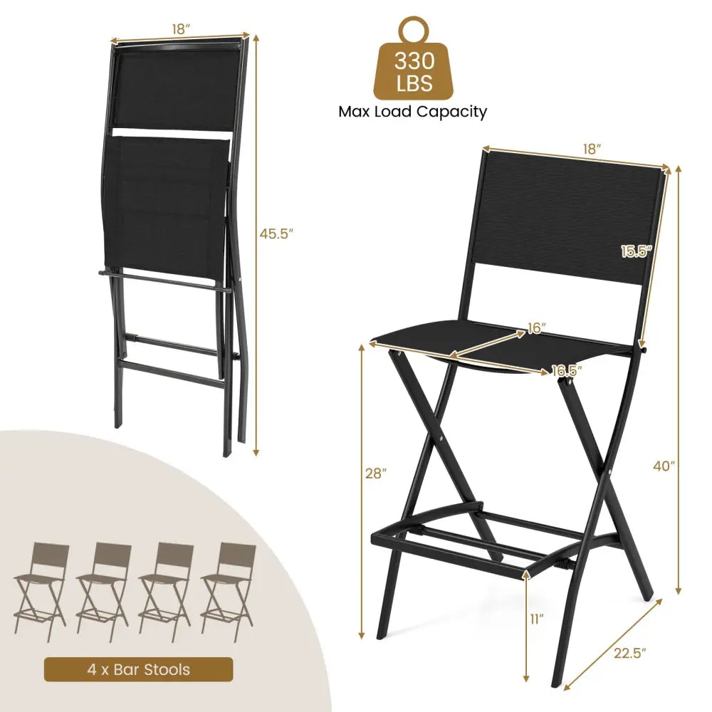Outdoor Folding Bar Height Stool Set of 4 with Metal Frame and Footrest-Black - Black - Patio Bar Furniture