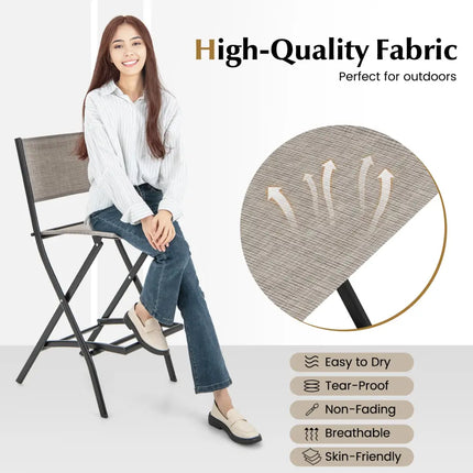 Outdoor Folding Bar Height Stool Set of 4 with Metal Frame and Footrest-Coffee - Coffee - Patio Bar Furniture