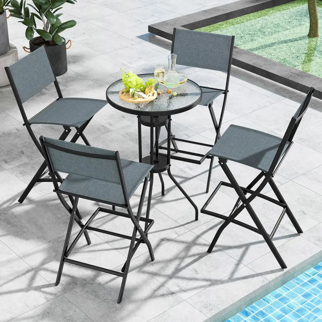 Outdoor Folding Bar Height Stool Set of 4 with Metal Frame and Footrest-Blue - Blue - Patio Bar Furniture