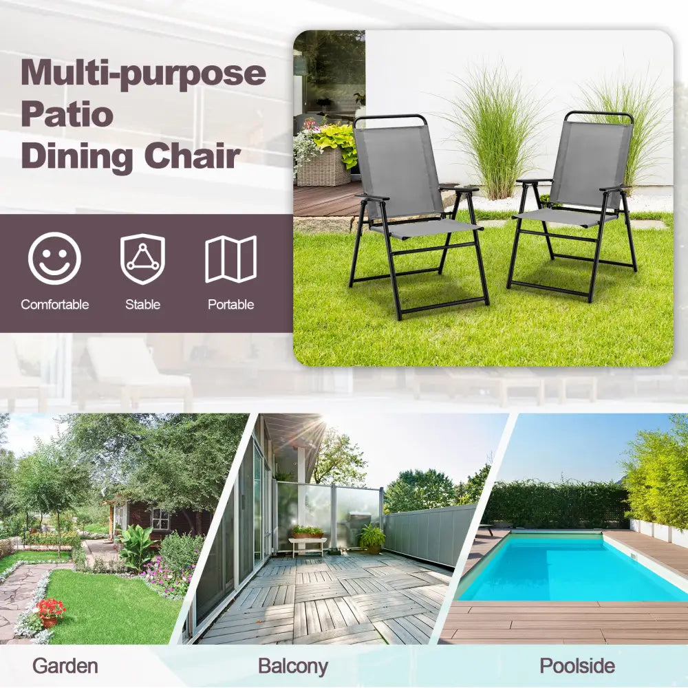 Outdoor Folding Sling Chairs Set of 4 with Armrest and Backrest-Gray - Gray - Patio Dining Chairs