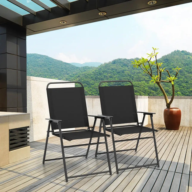 Outdoor Folding Sling Chairs with Armrest and Backrest-Black - Black - Patio Dining Chairs