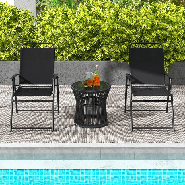 Outdoor Folding Sling Chairs with Armrest and Backrest-Black - Black - Patio Dining Chairs