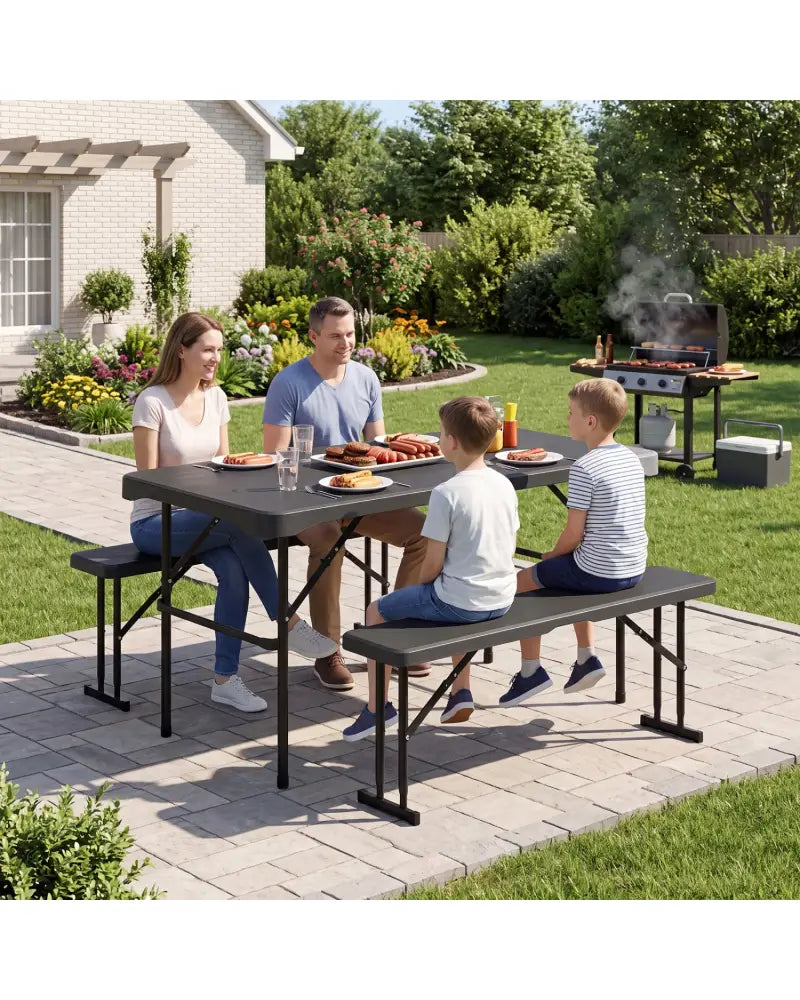 Outdoor Folding Table Bench Set w All-Weather HDPE Tabletop and Sturdy Metal Frame-Black - Black - Patio Dining Sets