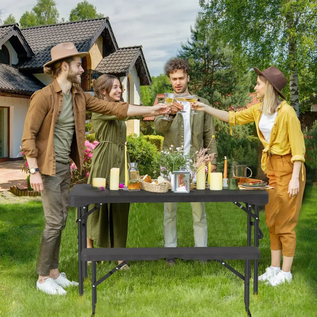 Outdoor Folding Table Bench Set w All-Weather HDPE Tabletop and Sturdy Metal Frame-Black - Black - Patio Dining Sets
