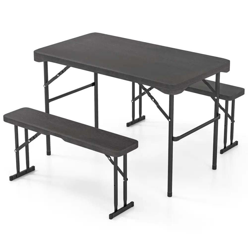 Outdoor Folding Table Bench Set w All-Weather HDPE Tabletop and Sturdy Metal Frame-Black - Black - Patio Dining Sets