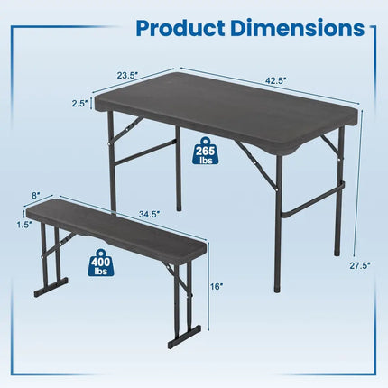 Outdoor Folding Table Bench Set w All-Weather HDPE Tabletop and Sturdy Metal Frame-Black - Black - Patio Dining Sets