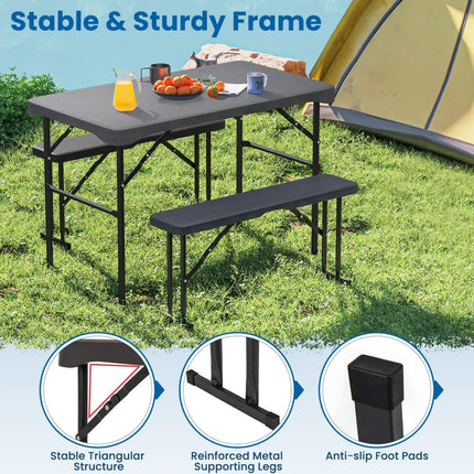 Outdoor Folding Table Bench Set w All-Weather HDPE Tabletop and Sturdy Metal Frame-Black - Black - Patio Dining Sets